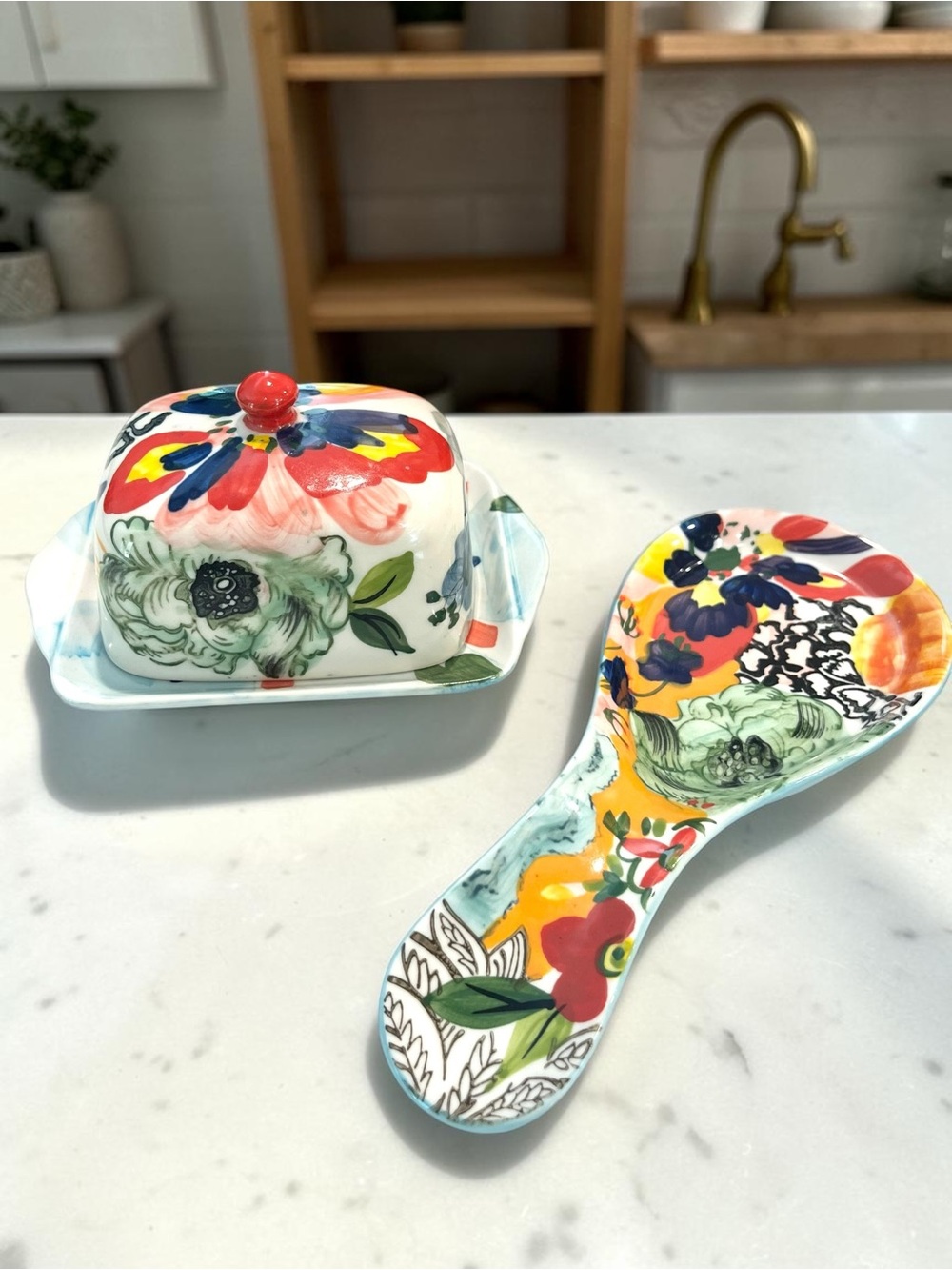 Anthropologie Amaryllis Hand Painted Butter Dish & Spoon Rest Set Floral Ceramic